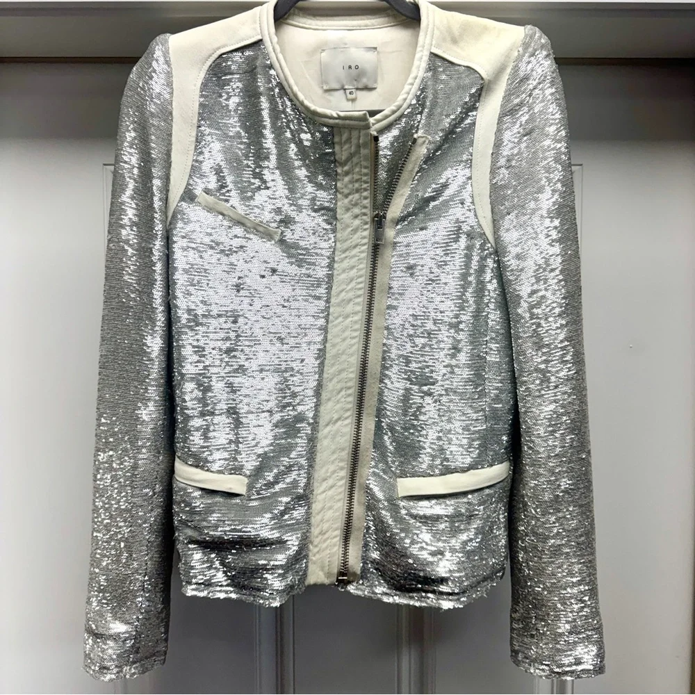 IRO Paris Silver Sequin "Hadley" Moto Blazer with White Leather - Picture 7 of 16